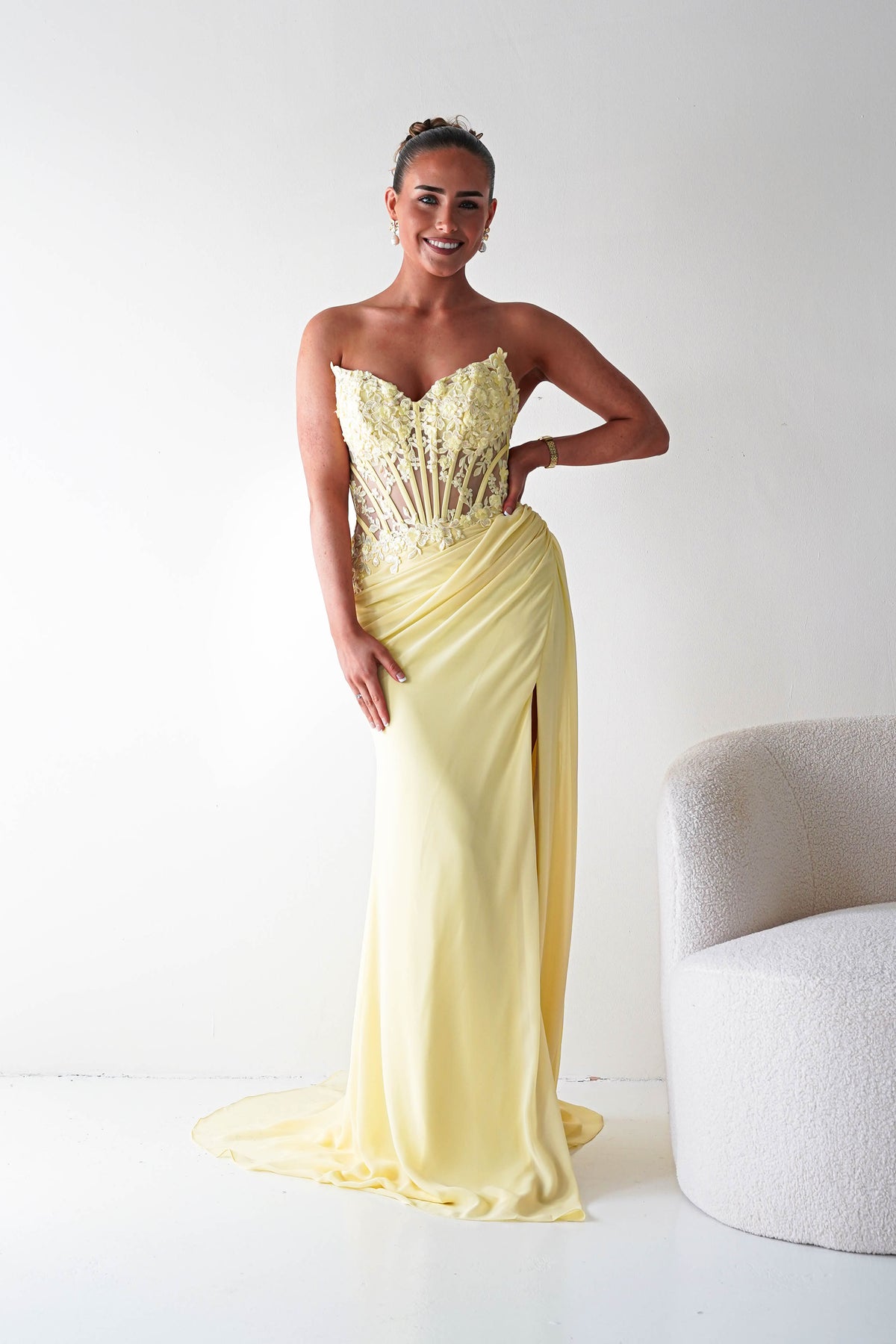 Ravina Strapless Lace Corset Maxi Gown | Yellow-Oh Hello Clothing