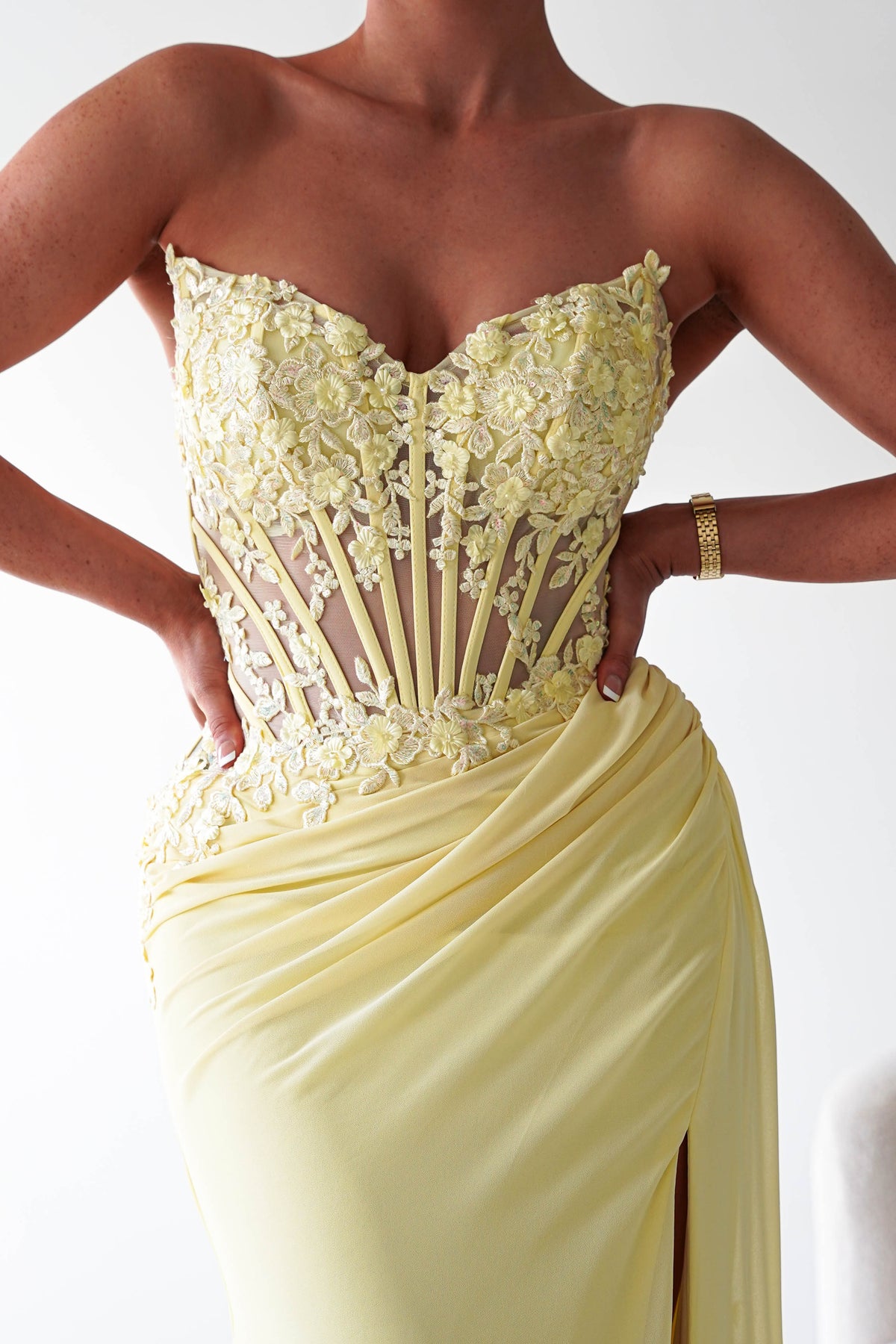 Ravina Strapless Lace Corset Maxi Gown | Yellow-Oh Hello Clothing