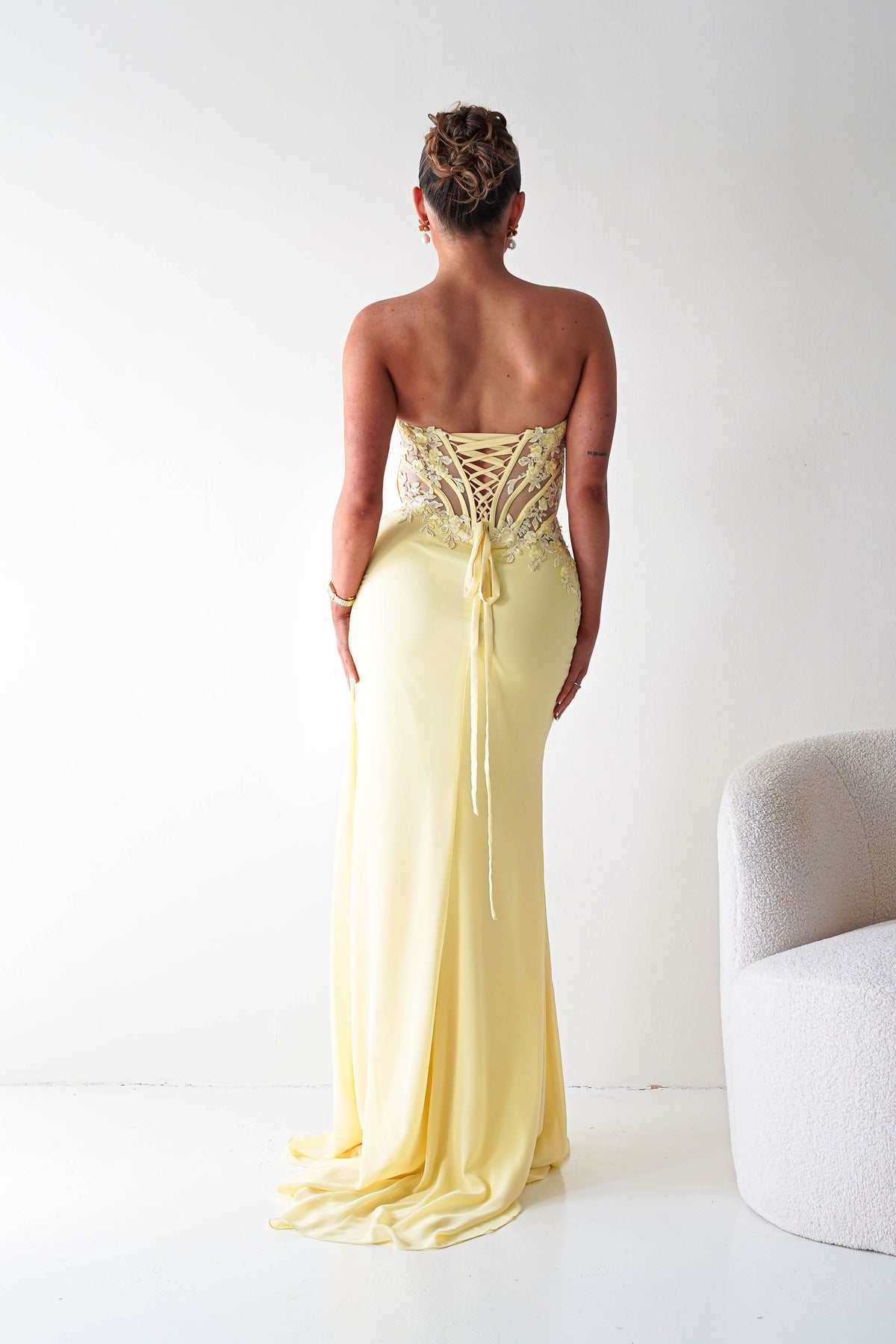 Ravina Strapless Lace Corset Maxi Gown | Yellow-Oh Hello Clothing