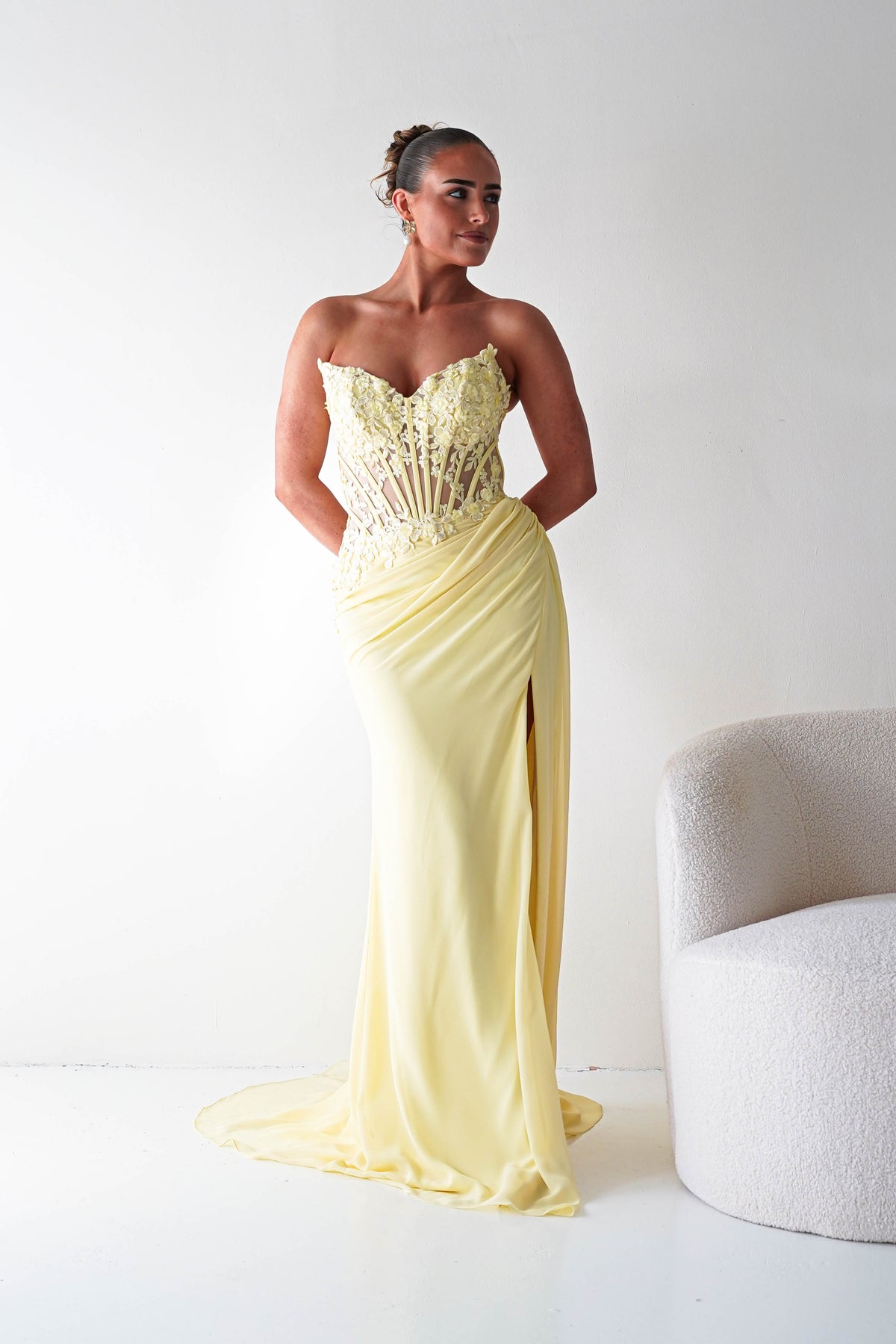 Ravina Strapless Lace Corset Maxi Gown | Yellow-Oh Hello Clothing