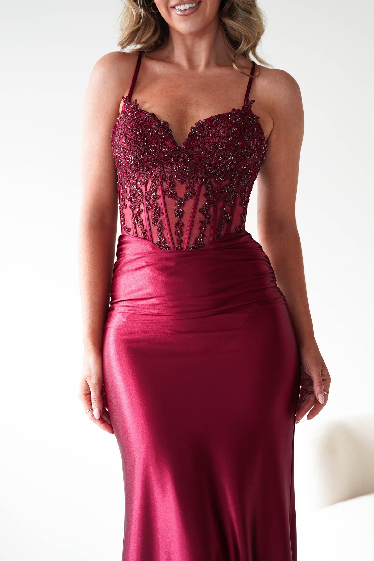Raya Embellished Corset Gown | Dark Red-Oh Hello Clothing
