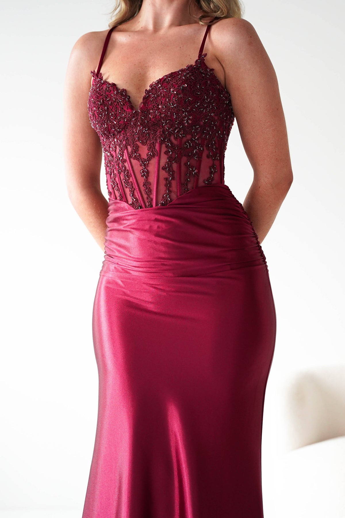Raya Embellished Corset Gown | Dark Red-Oh Hello Clothing