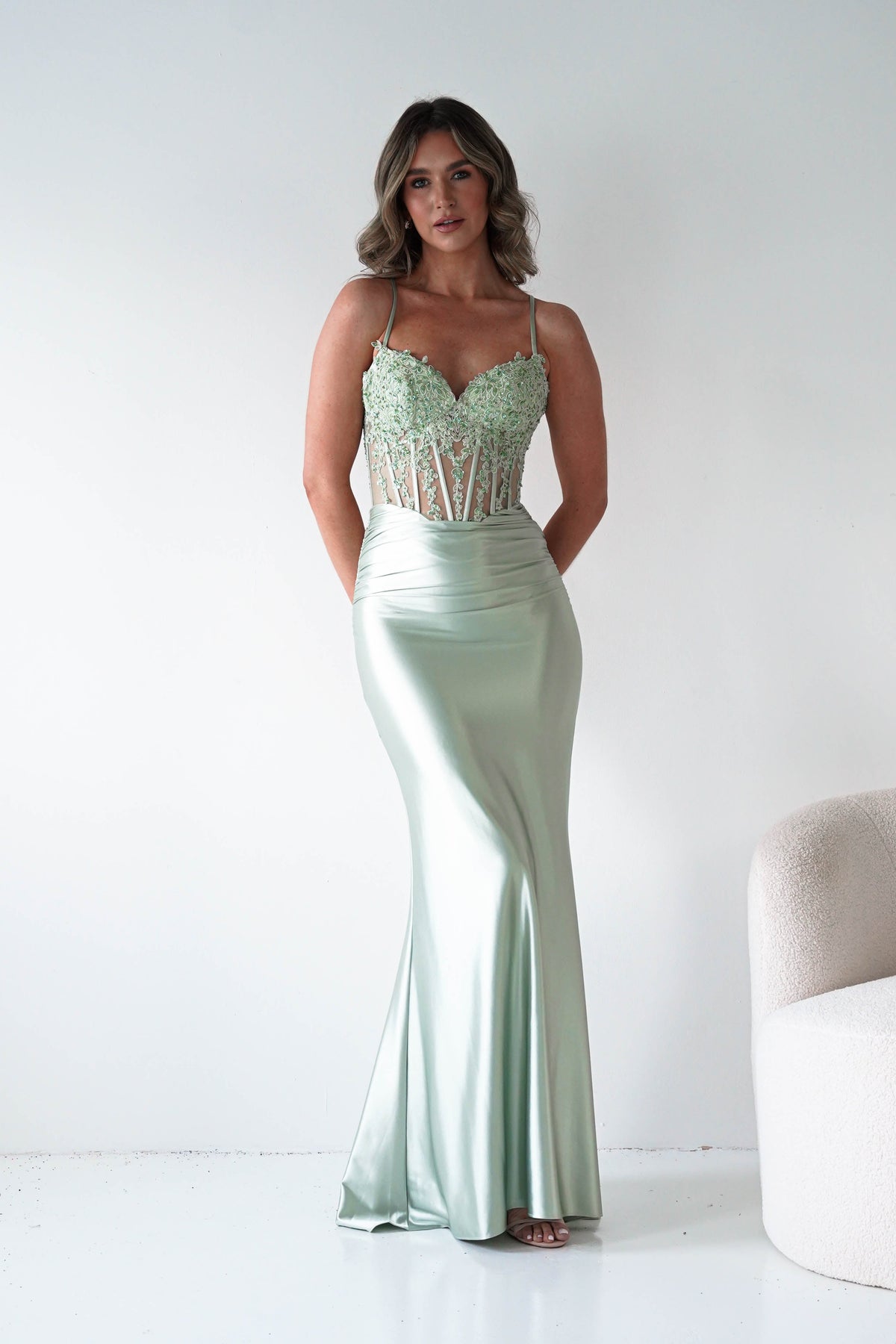 Raya Embellished Corset Gown | Sage Green-Oh Hello Clothing