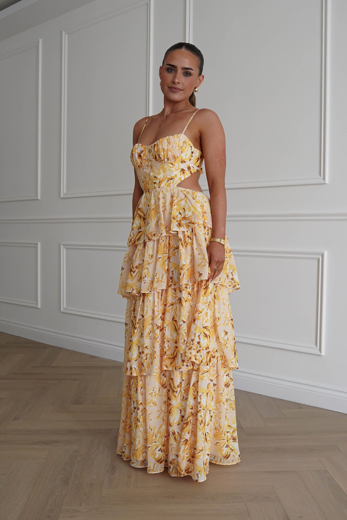 Rebecca Floral Tiered Maxi Dress | Yellow-Oh Hello Clothing