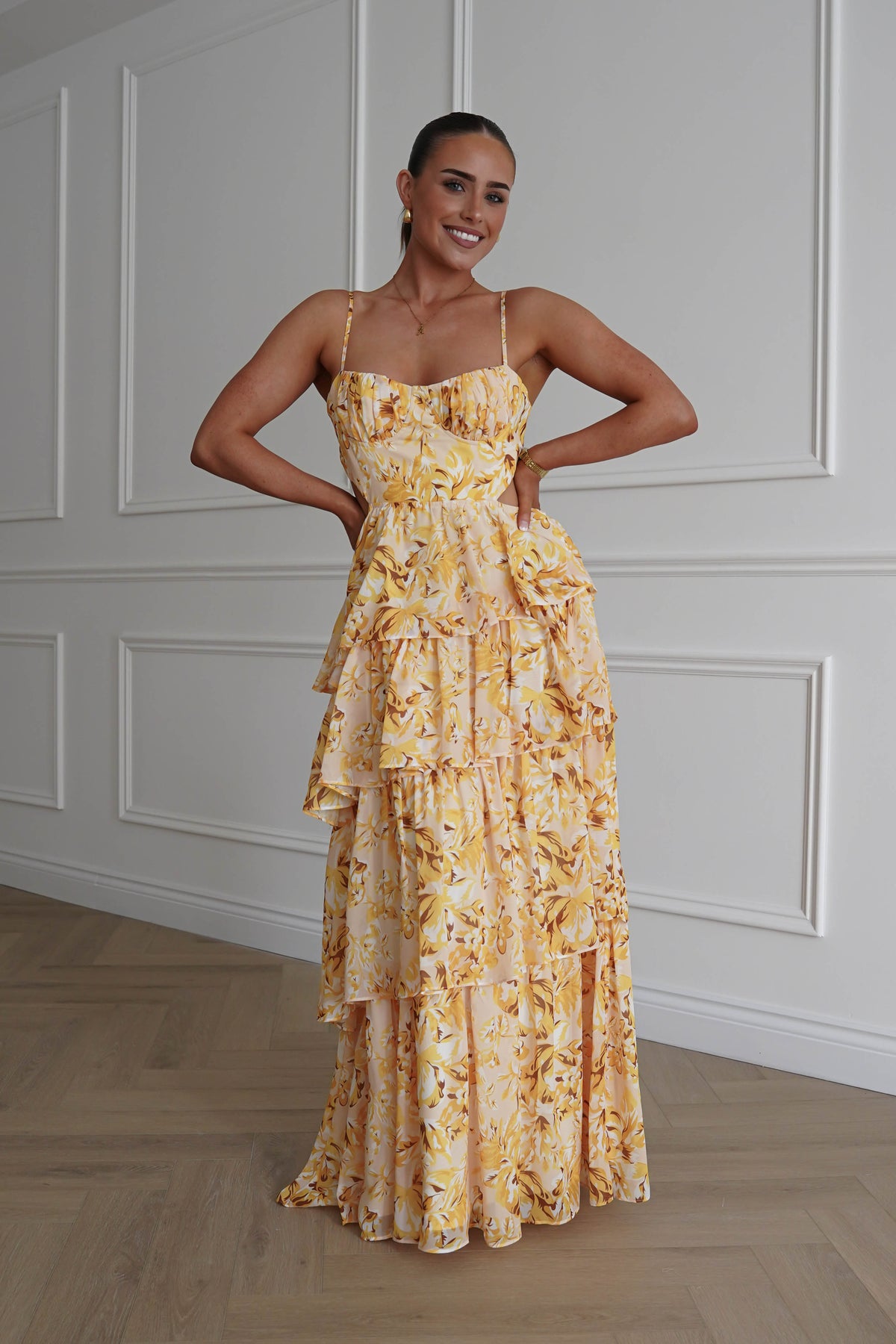 Rebecca Floral Tiered Maxi Dress | Yellow-Oh Hello Clothing