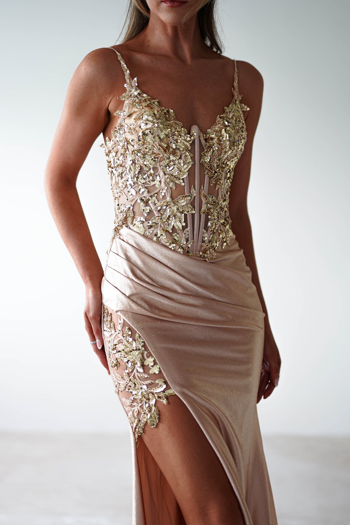 Regina Embellished Bodice Gown | Champagne/Gold-Oh Hello Clothing