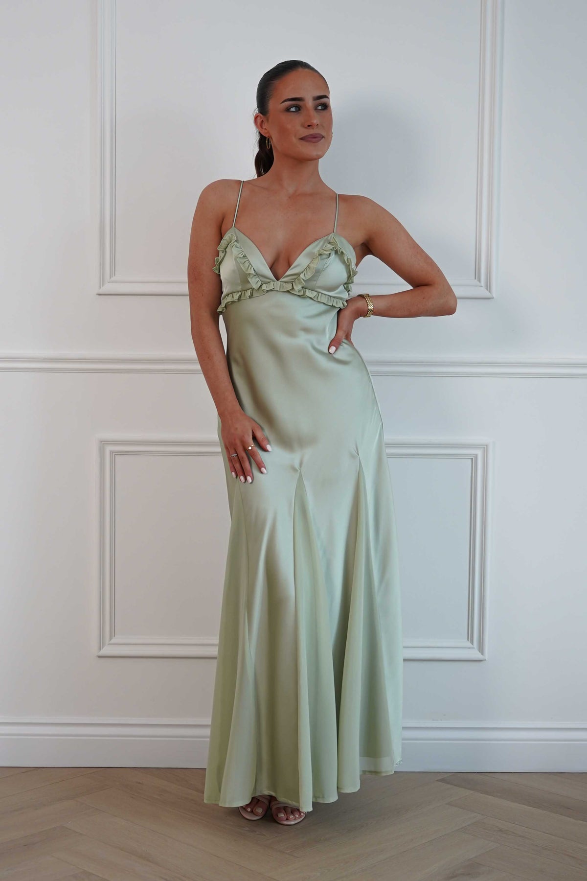 Remi Frill Trim Satin Maxi Dress | Sage-Oh Hello Clothing