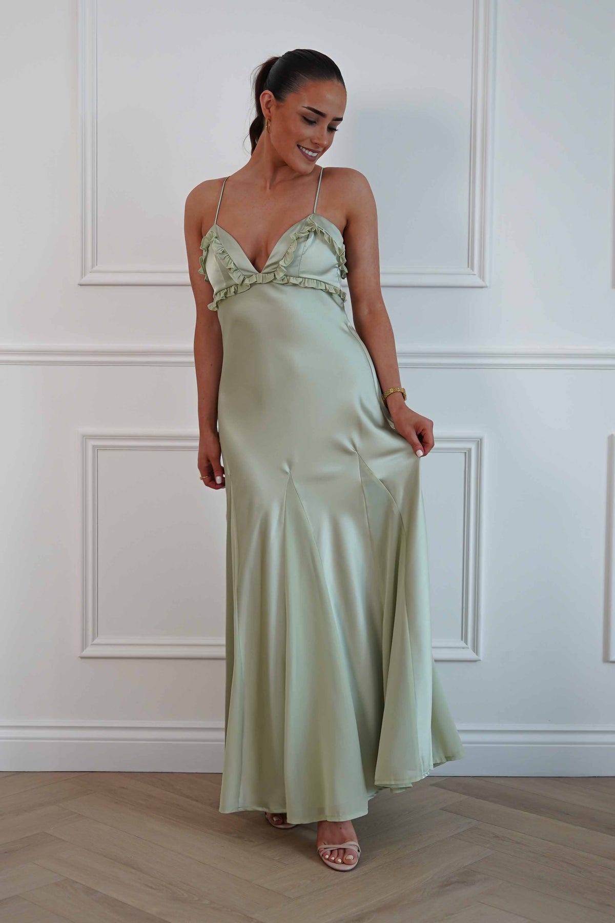 Remi Frill Trim Satin Maxi Dress | Sage-Oh Hello Clothing