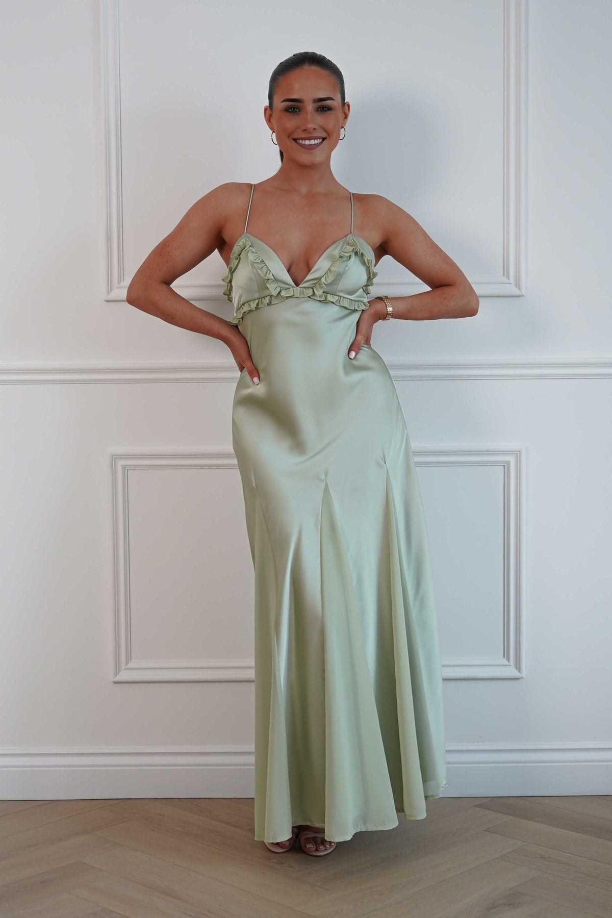 Remi Frill Trim Satin Maxi Dress | Sage-Oh Hello Clothing