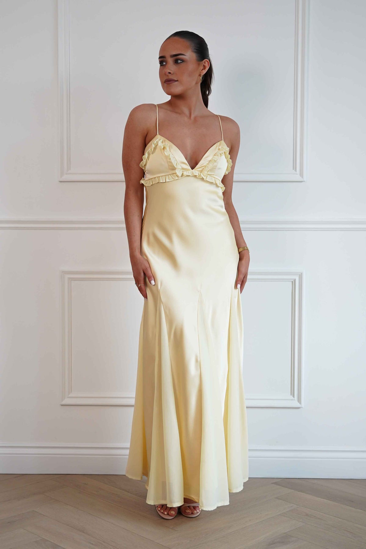 Remi Frill Trim Satin Maxi Dress | Yellow-Oh Hello Clothing