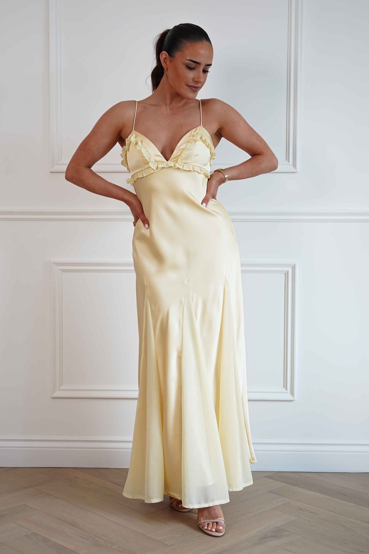 Remi Frill Trim Satin Maxi Dress | Yellow-Oh Hello Clothing