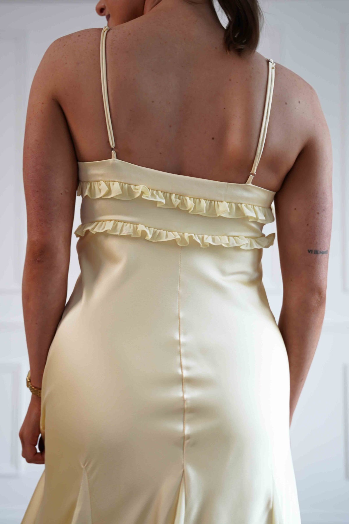 Remi Frill Trim Satin Maxi Dress | Yellow-Oh Hello Clothing