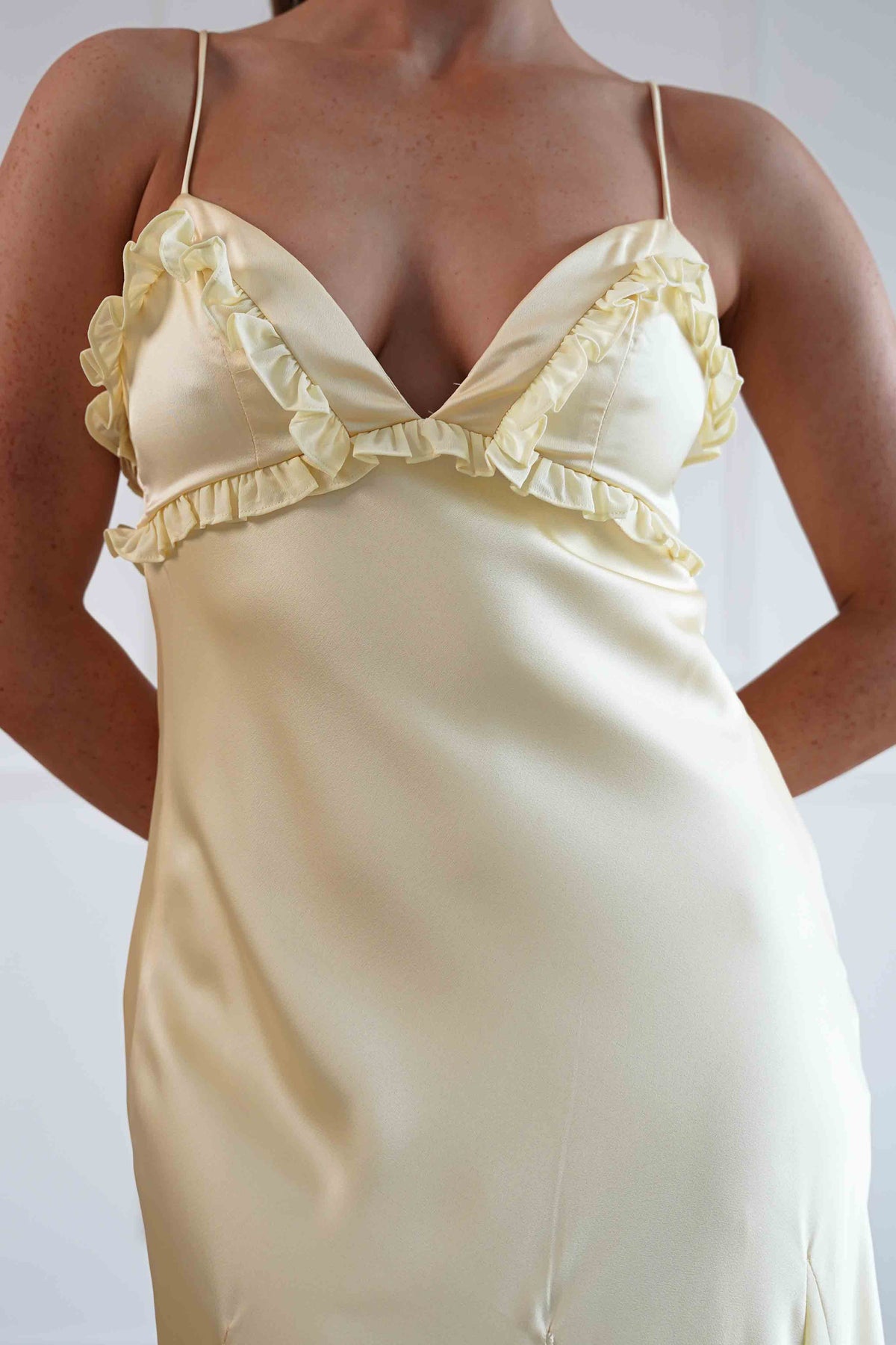 Remi Frill Trim Satin Maxi Dress | Yellow-Oh Hello Clothing