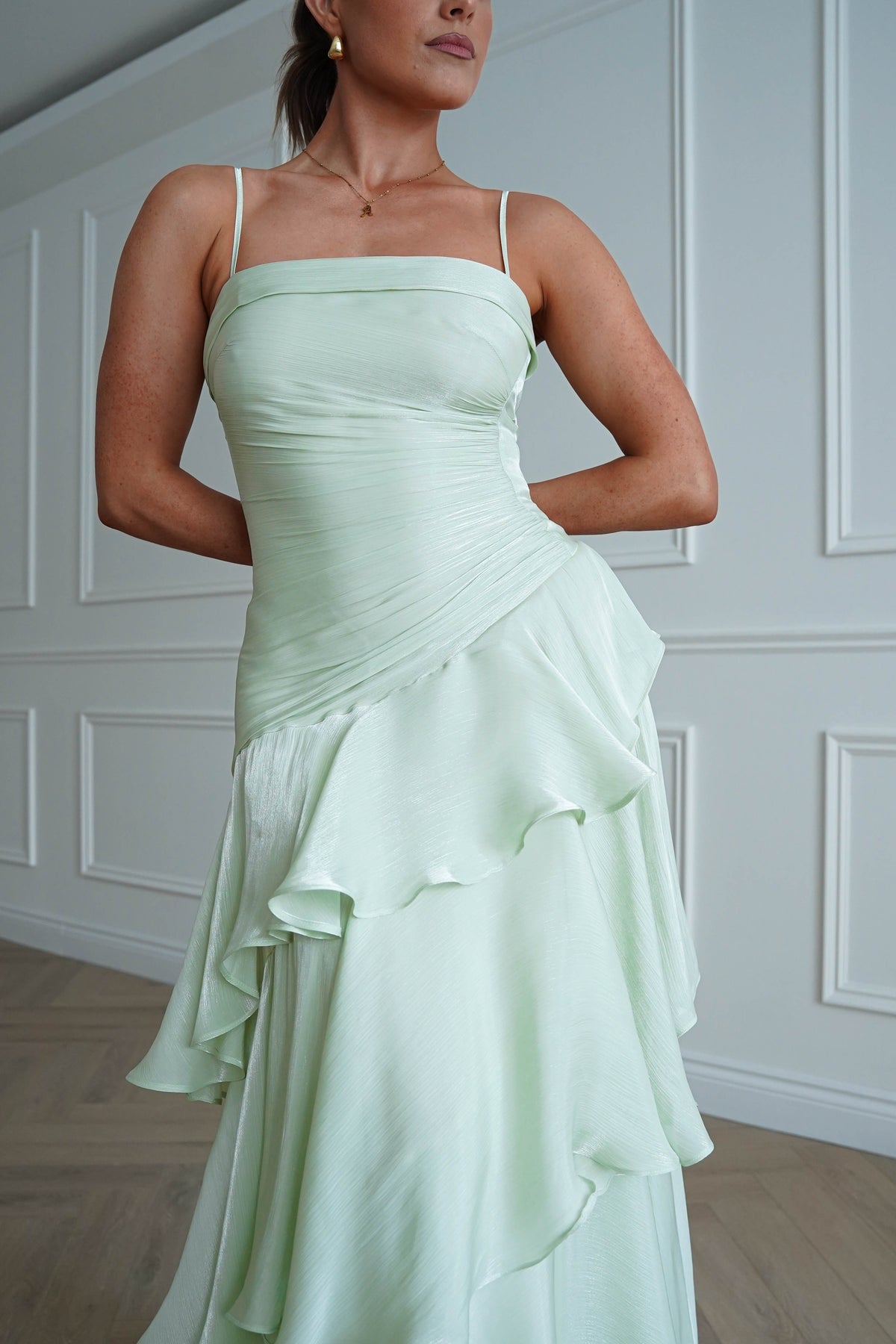 Renee Luminescent Ruffle Maxi Dress | Pistachio-Oh Hello Clothing