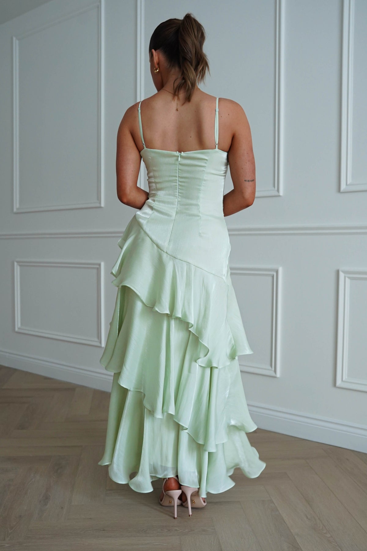 Renee Luminescent Ruffle Maxi Dress | Pistachio-Oh Hello Clothing