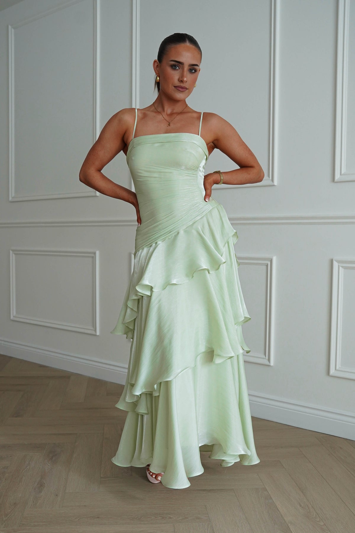 Renee Luminescent Ruffle Maxi Dress | Pistachio-Oh Hello Clothing
