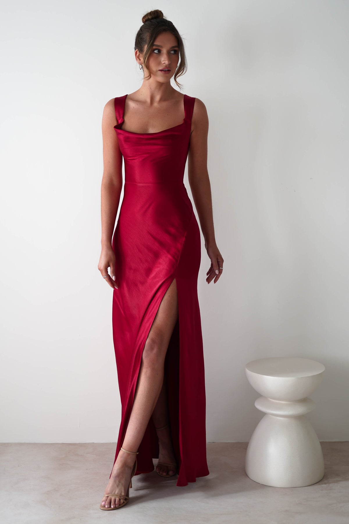 Riviera Soft Satin Maxi Gown | Berry Red-Oh Hello Clothing