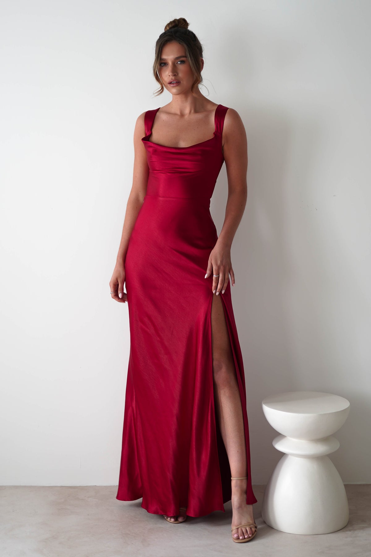 Riviera Soft Satin Maxi Gown | Berry Red-Oh Hello Clothing