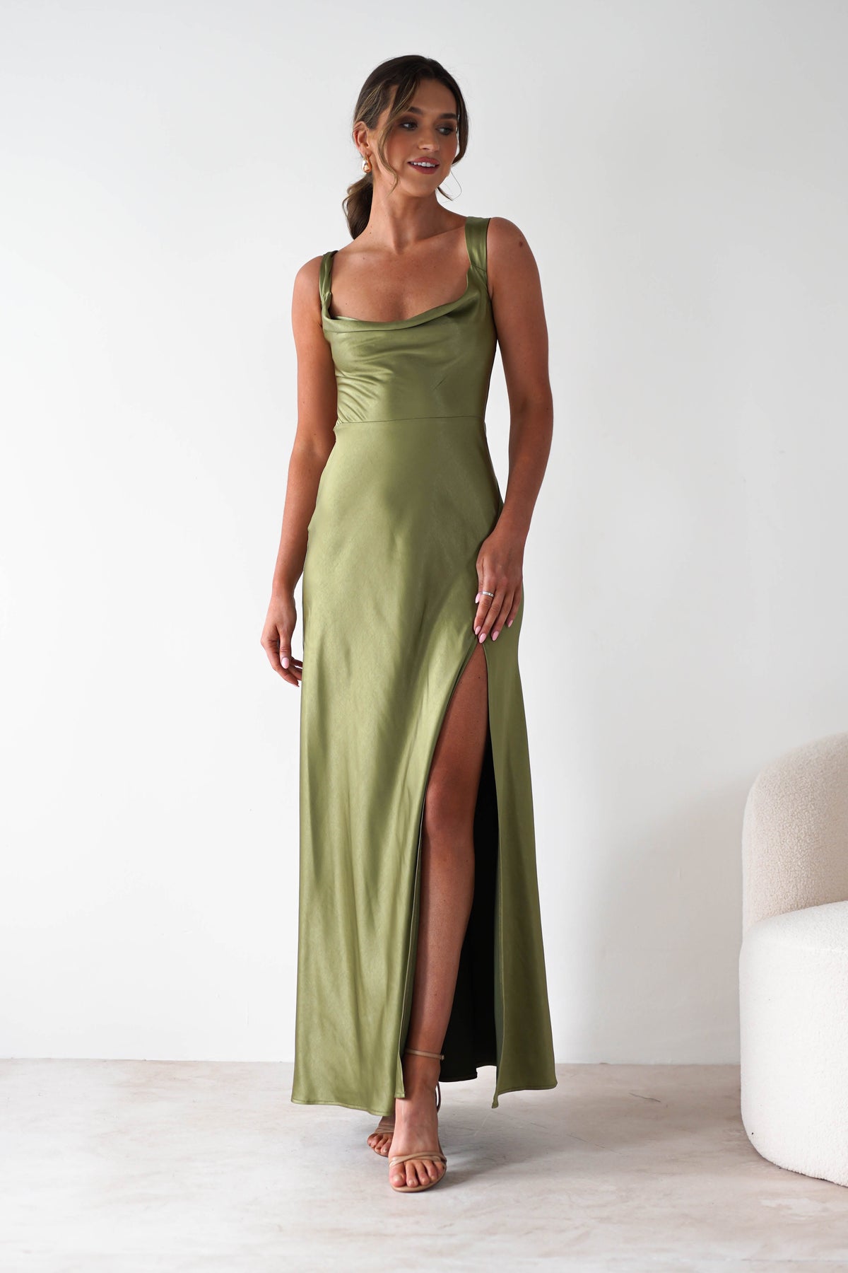 Riviera Soft Satin Maxi Gown | Olive-Oh Hello Clothing