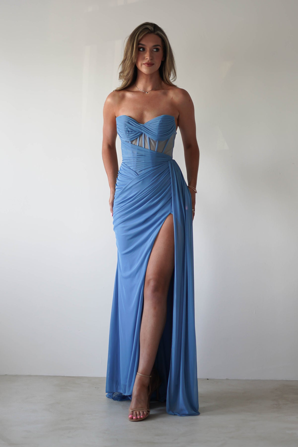 Robyn Draped Fitted Stapless Gown | Blue-Oh Hello Clothing