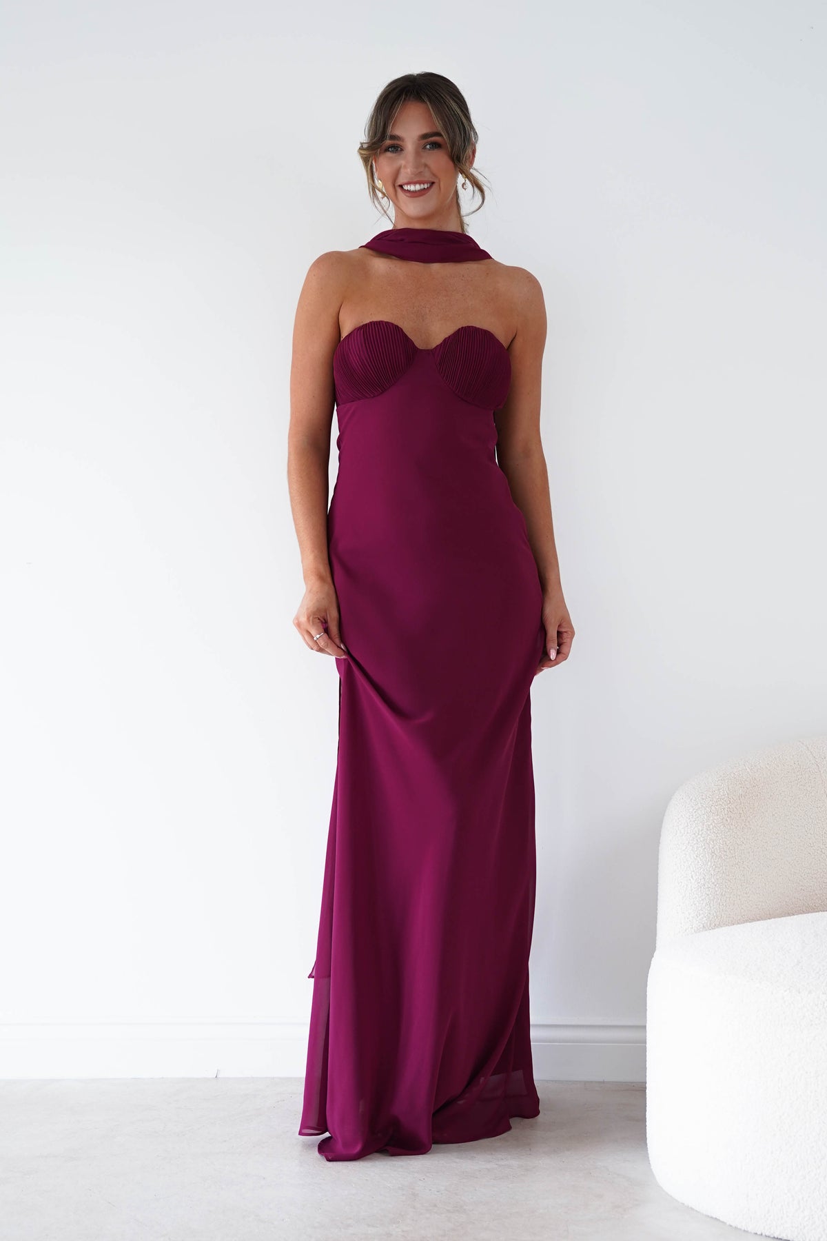 Robyn Strapless Chiffon Scarf Maxi Dress | Berry-Oh Hello Clothing