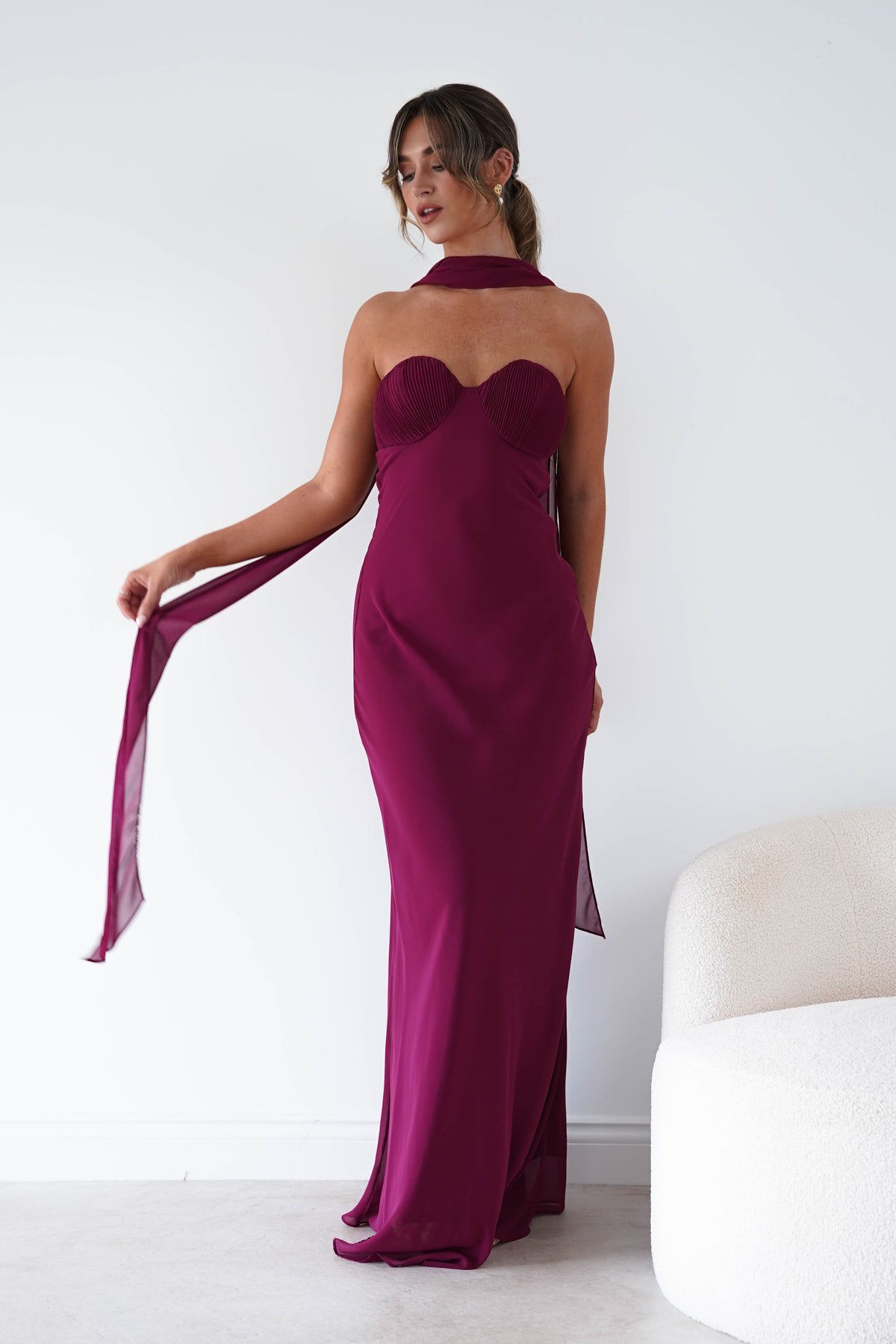 Robyn Strapless Chiffon Scarf Maxi Dress | Berry-Oh Hello Clothing