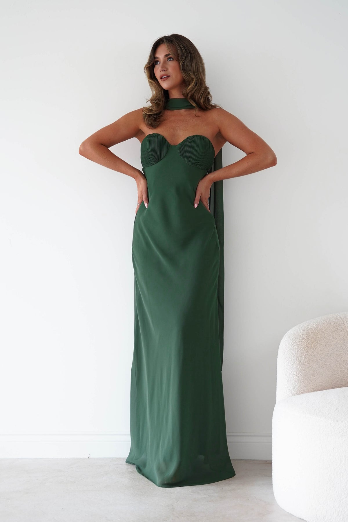 Robyn Strapless Chiffon Scarf Maxi Dress | Green-Oh Hello Clothing