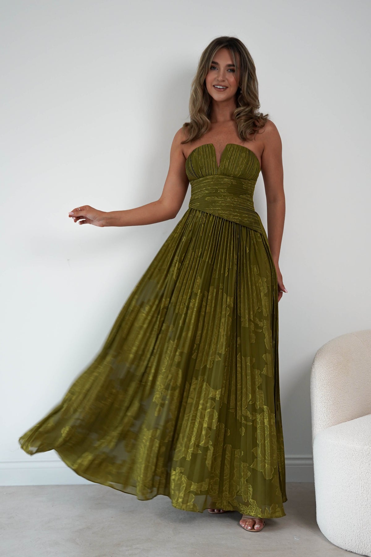 Rubi Floral Textured Ruffle Pleated Maxi Dress | Green-Oh Hello Clothing