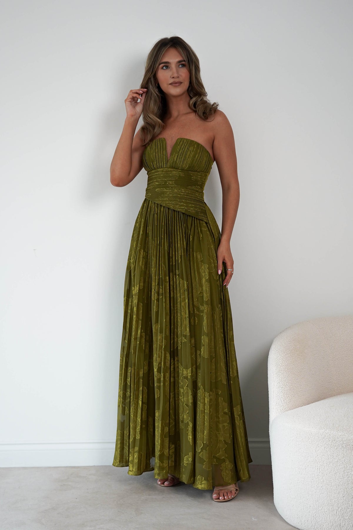 Rubi Floral Textured Ruffle Pleated Maxi Dress | Green-Oh Hello Clothing