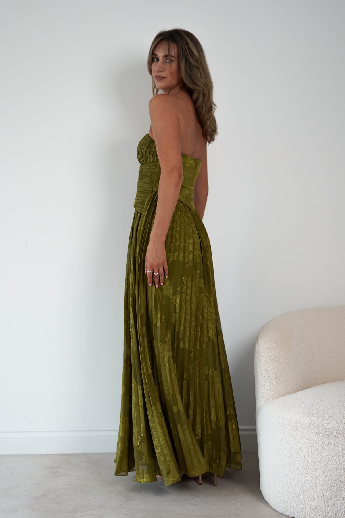 Rubi Floral Textured Ruffle Pleated Maxi Dress | Green-Oh Hello Clothing