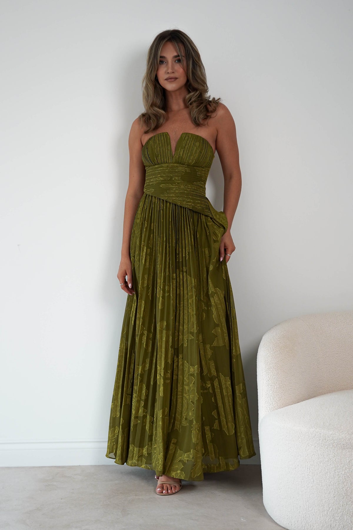Rubi Floral Textured Ruffle Pleated Maxi Dress | Green-Oh Hello Clothing