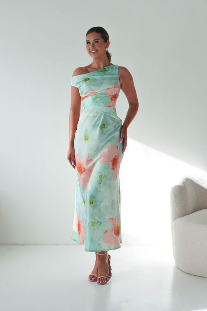 Rumi Floral Print Off The Shoulder Maxi | Green-Oh Hello Clothing