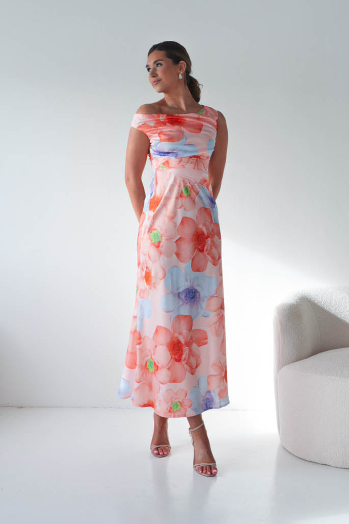 Rumi Floral Print Off The Shoulder Maxi | Orange/Lilac-Oh Hello Clothing