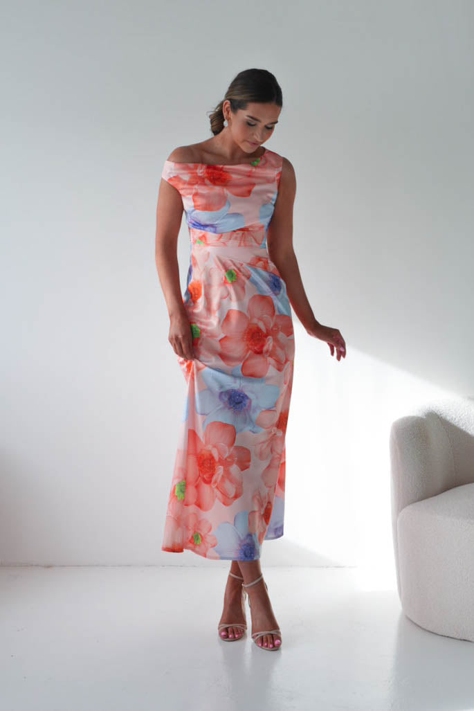Rumi Floral Print Off The Shoulder Maxi | Orange/Lilac-Oh Hello Clothing