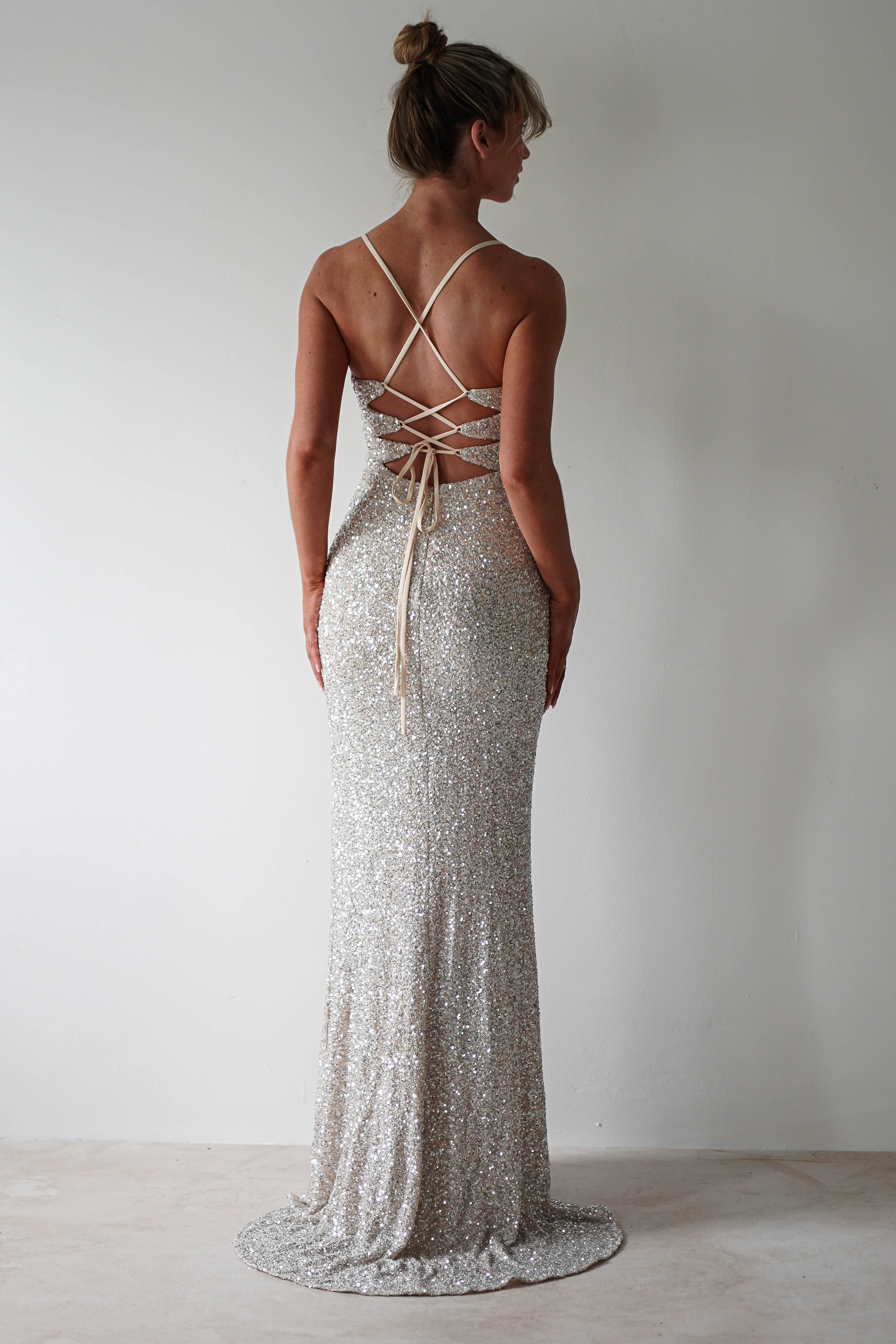 Clarisse Bodycon Sequin Gown | Champagne Silver