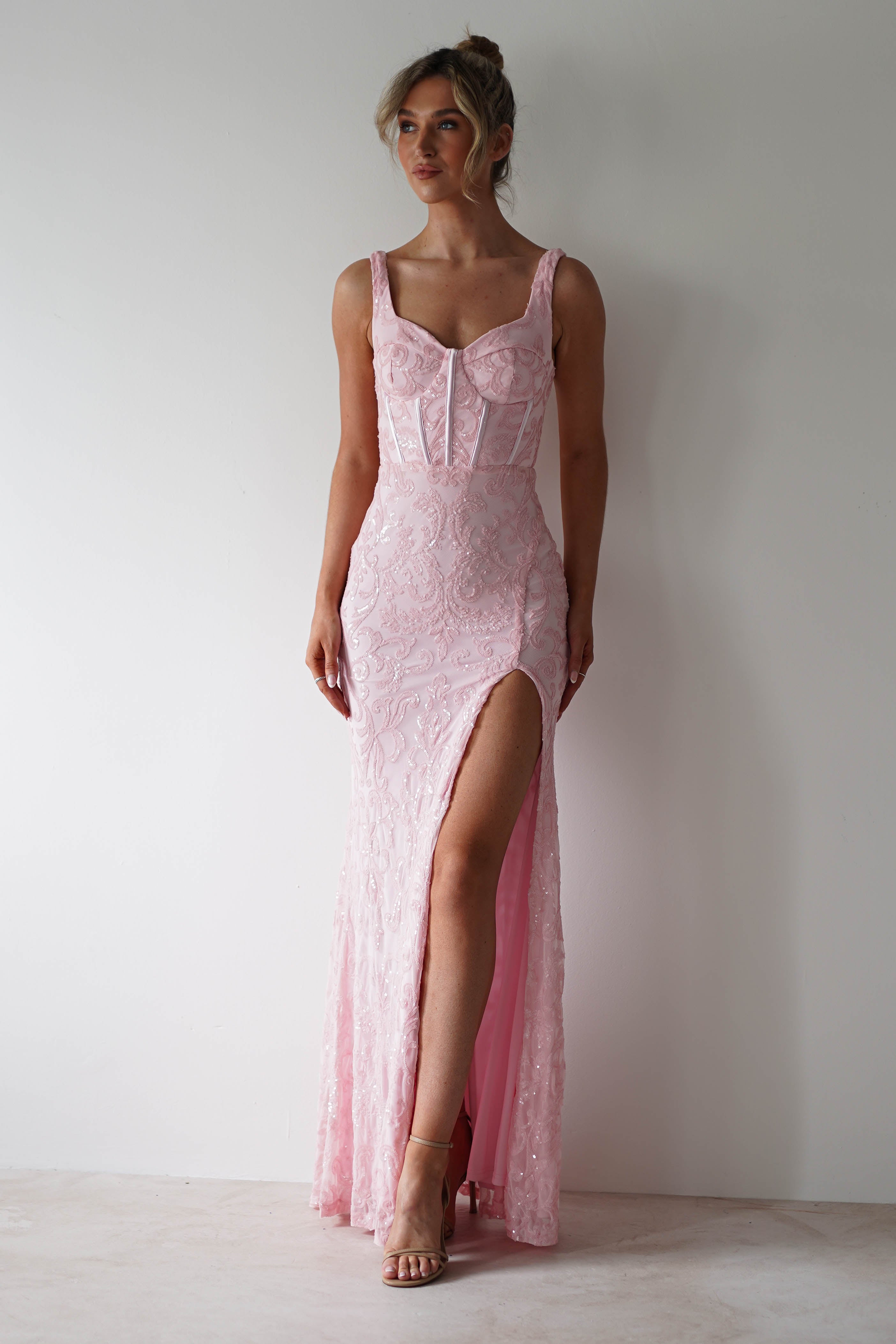 Aria Floral Sequin Embellished Gown | Pink