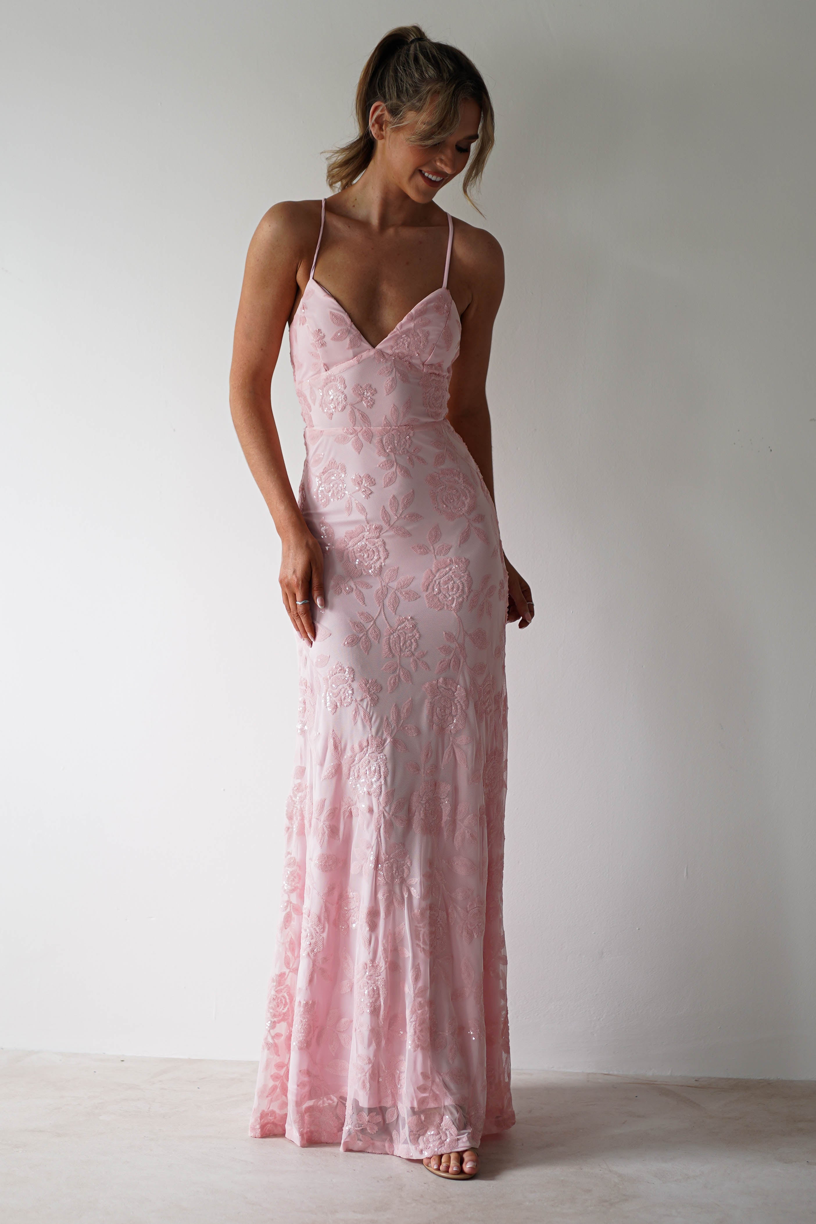 Harper Floral Sequin Embellished Gown | Pink