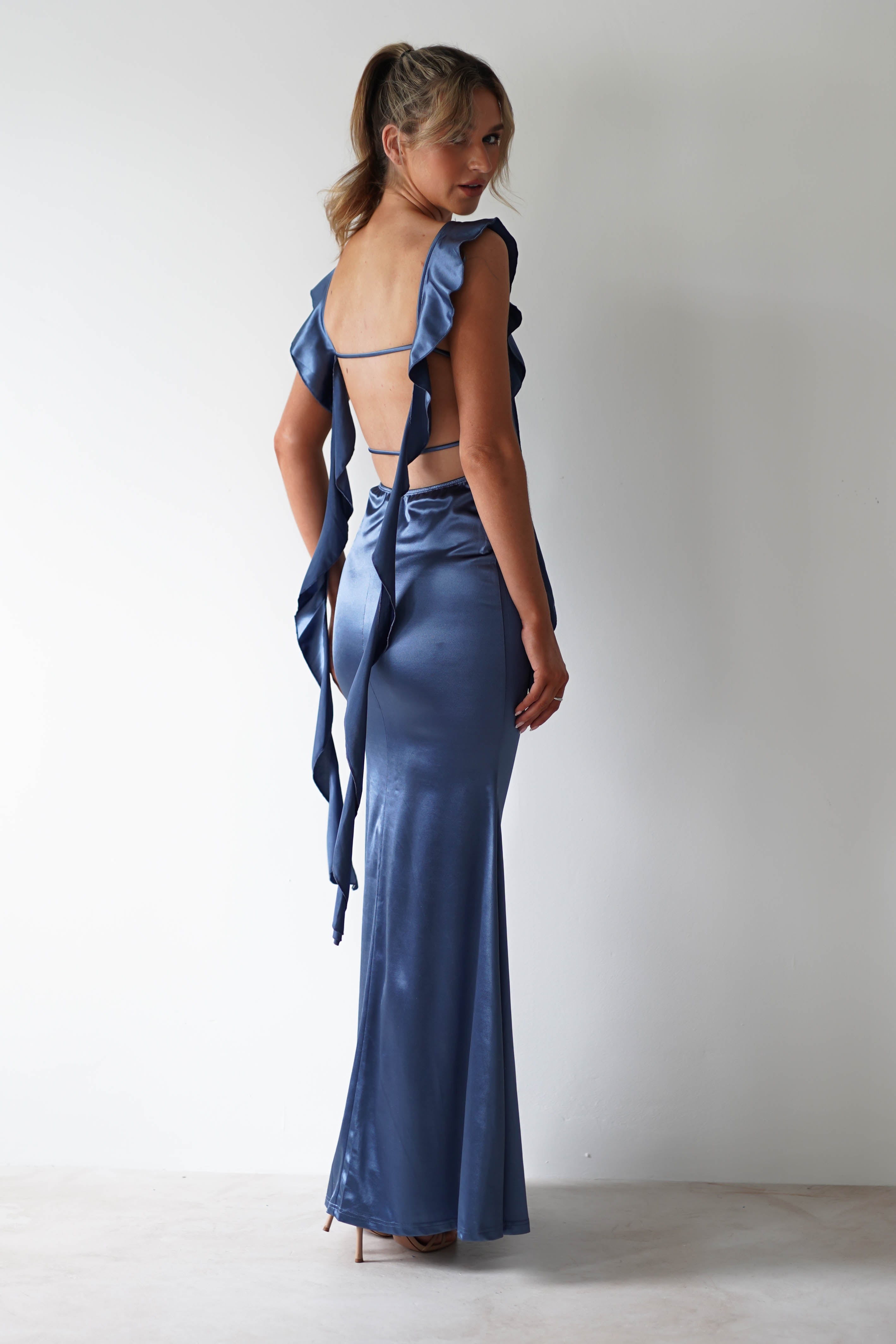 Mabel Satin Bodycon Maxi Dress | Blue