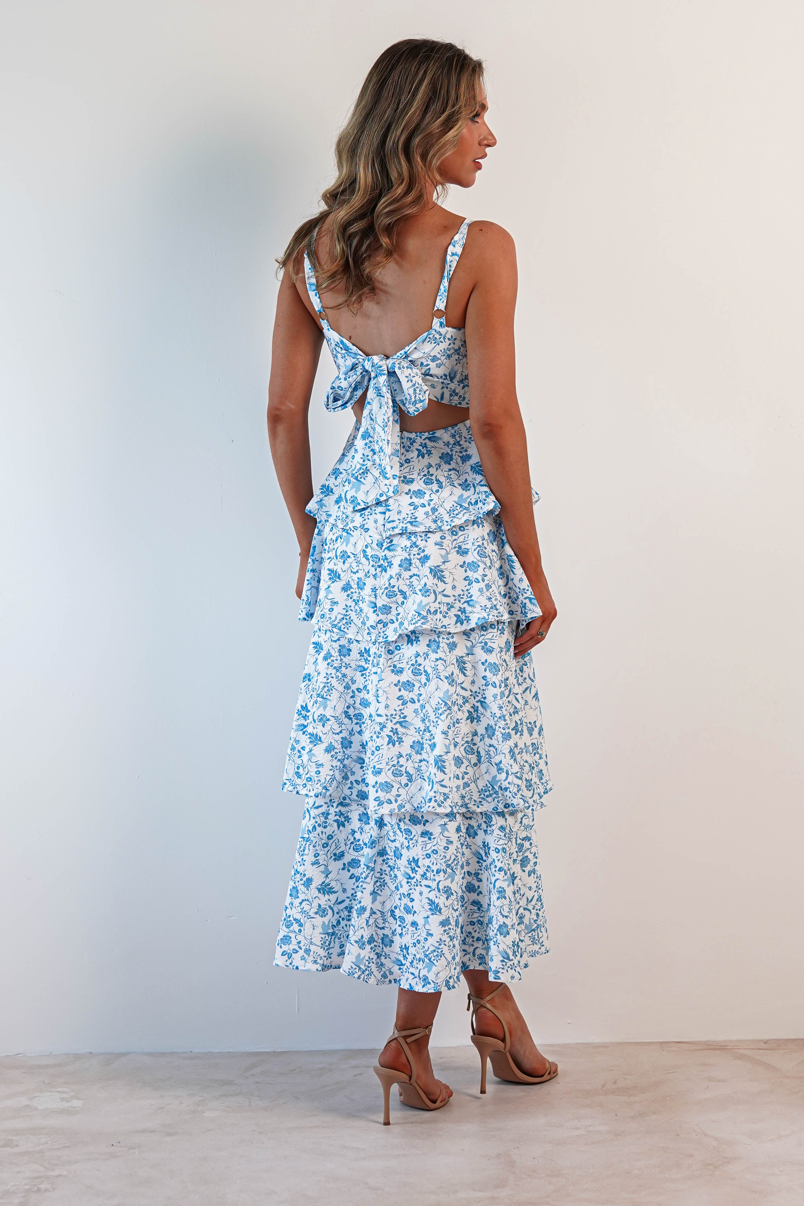 Emily Floral Ruffle Maxi Dress | Blue/White