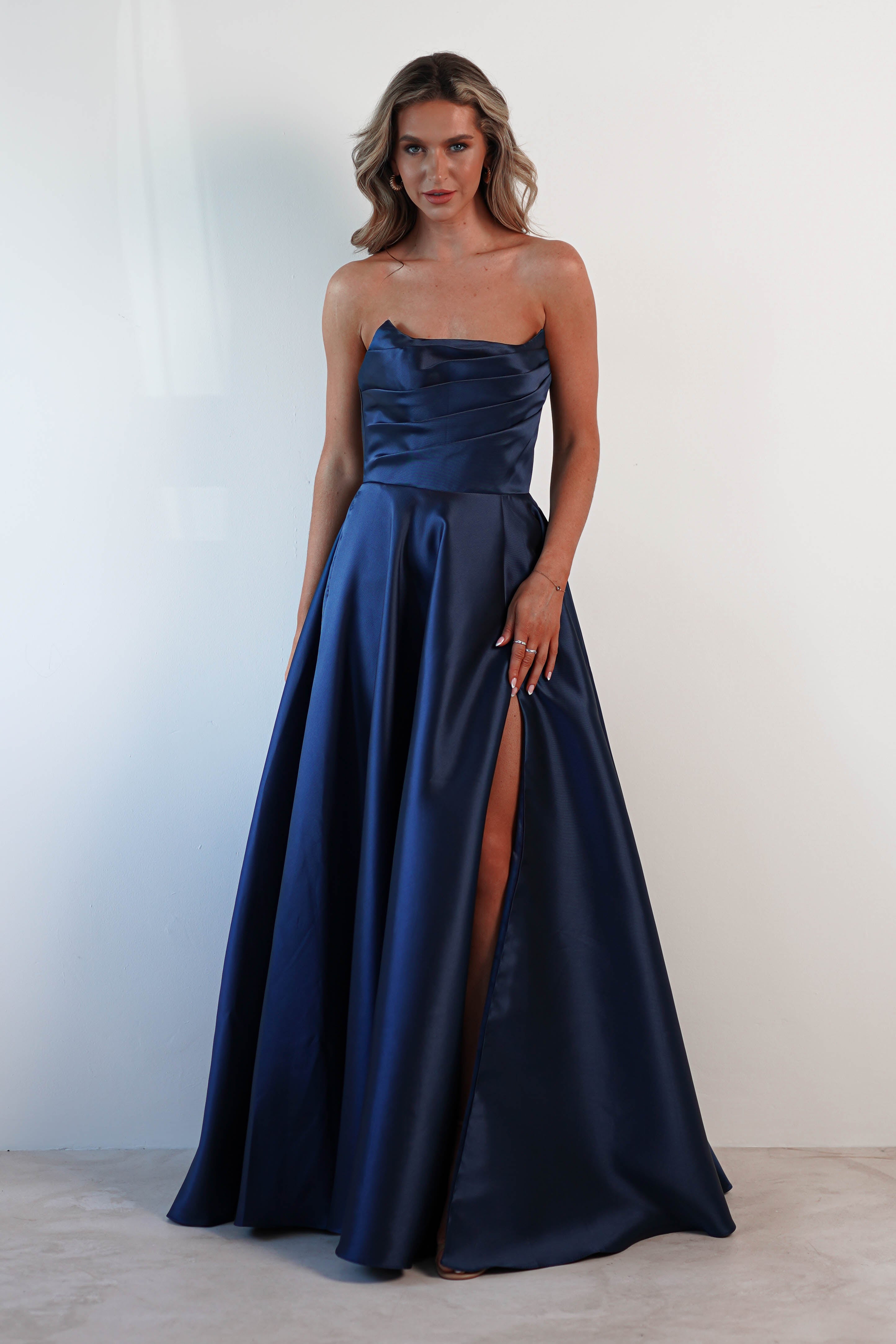 Miya Corset A-Line Satin Gown | Navy