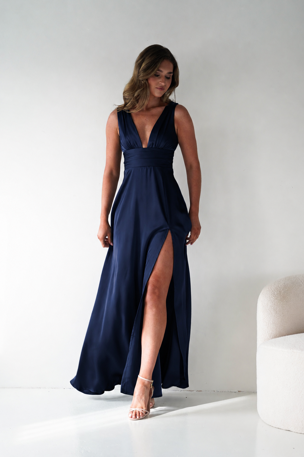 Saffron V-Neck Soft Satin Maxi Dress | Navy-Oh Hello Clothing