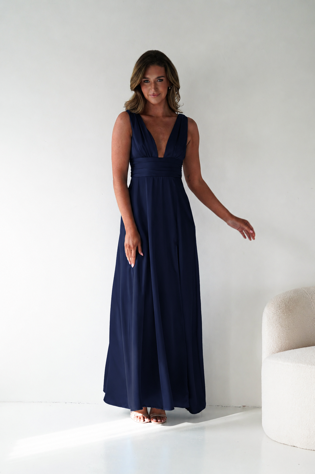 Saffron V-Neck Soft Satin Maxi Dress | Navy-Oh Hello Clothing