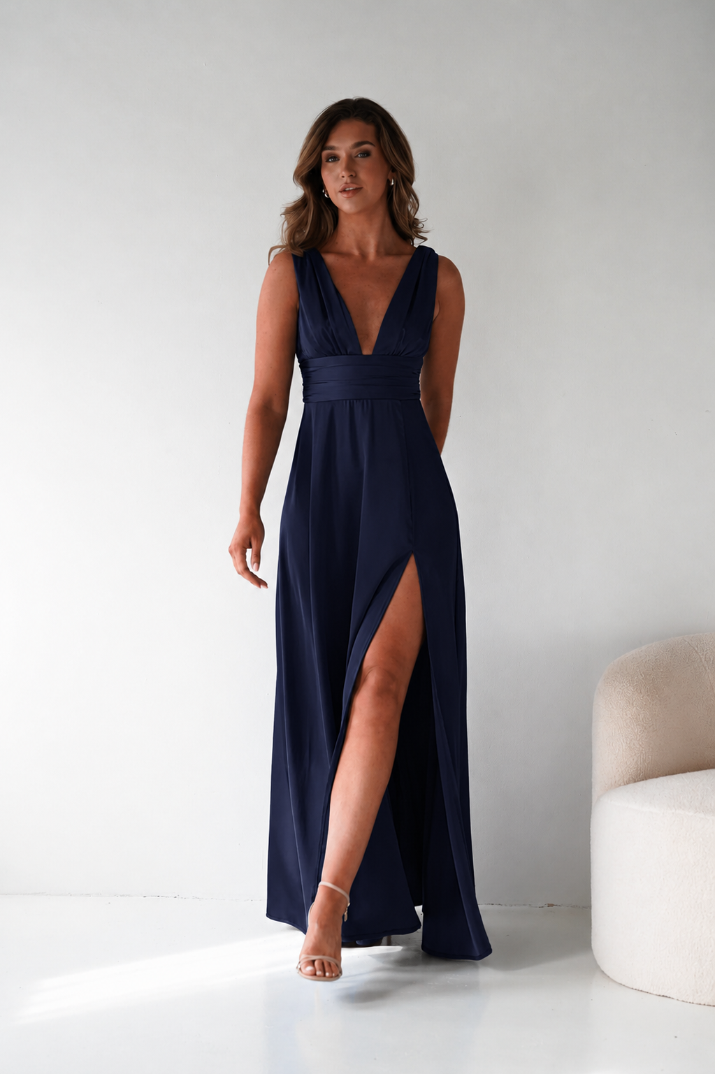 Saffron V-Neck Soft Satin Maxi Dress | Navy-Oh Hello Clothing