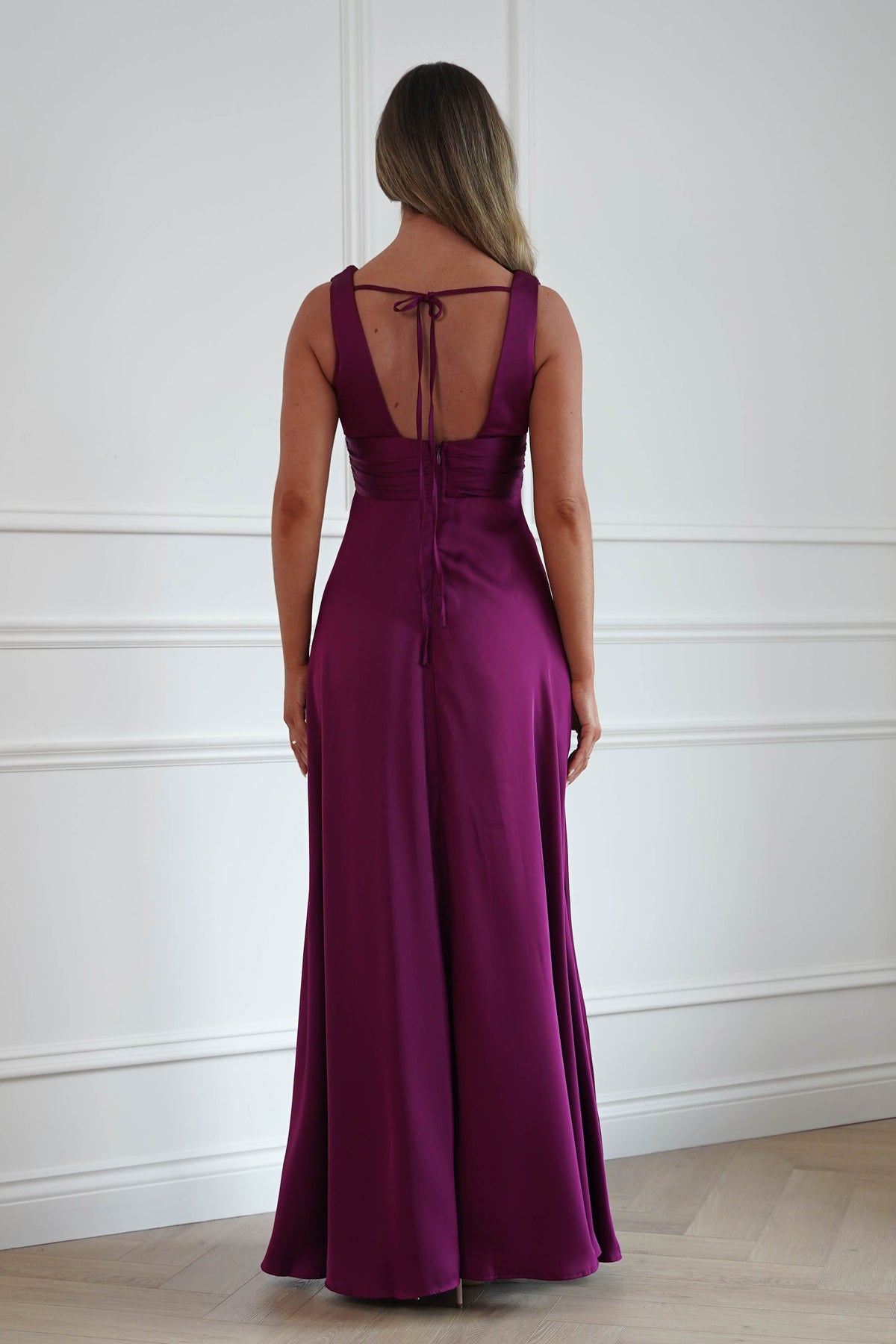 Oh Hello Clothing Women > Clothing > Dresses Saffron V-Neck Soft Satin Maxi Dress | Plum