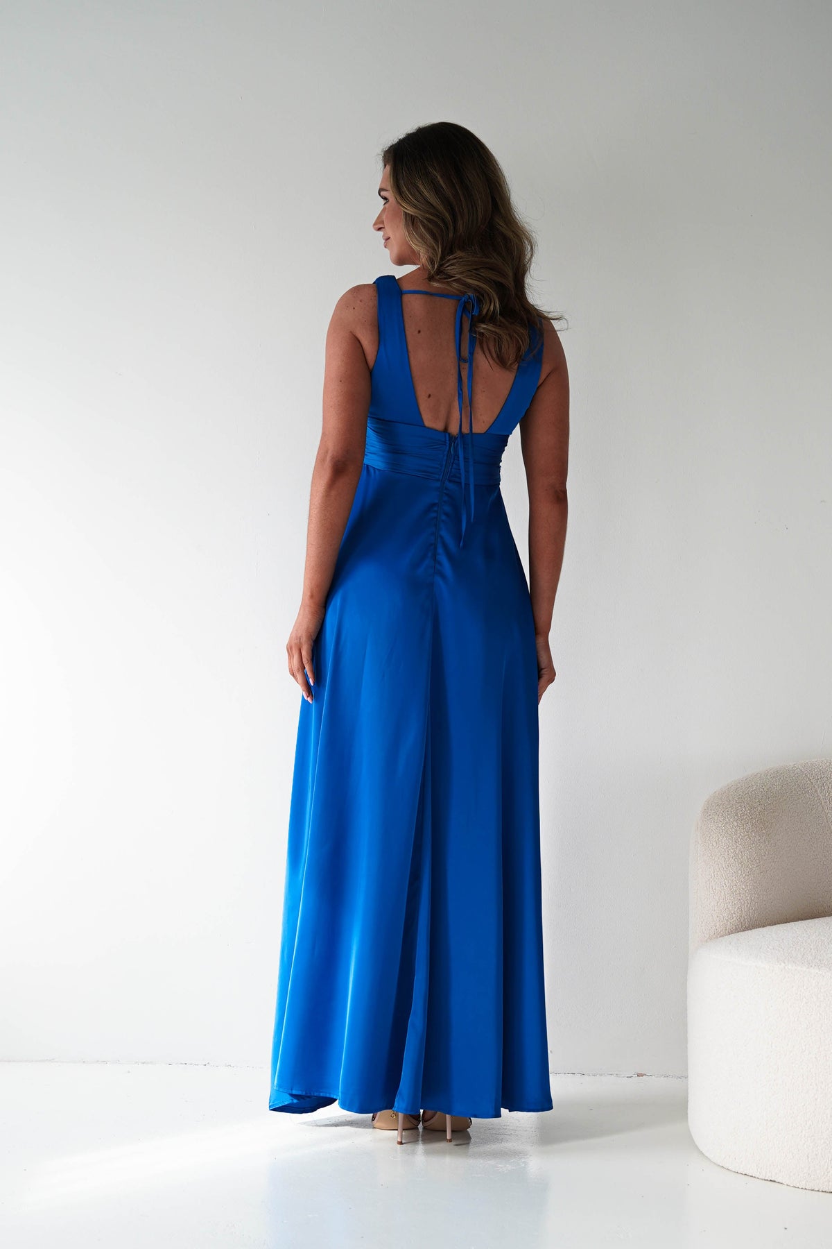 Saffron V-Neck Soft Satin Maxi Dress | Royal Blue-Oh Hello Clothing