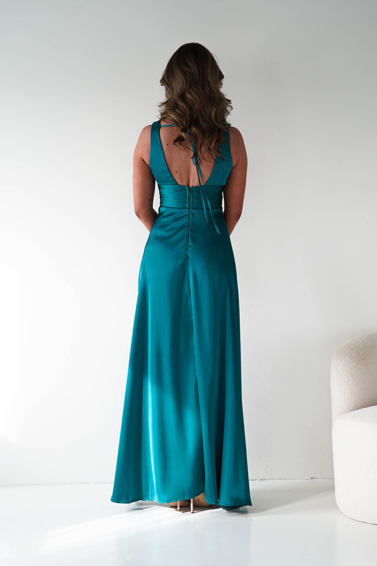 Saffron V-Neck Soft Satin Maxi Dress | Teal-Oh Hello Clothing