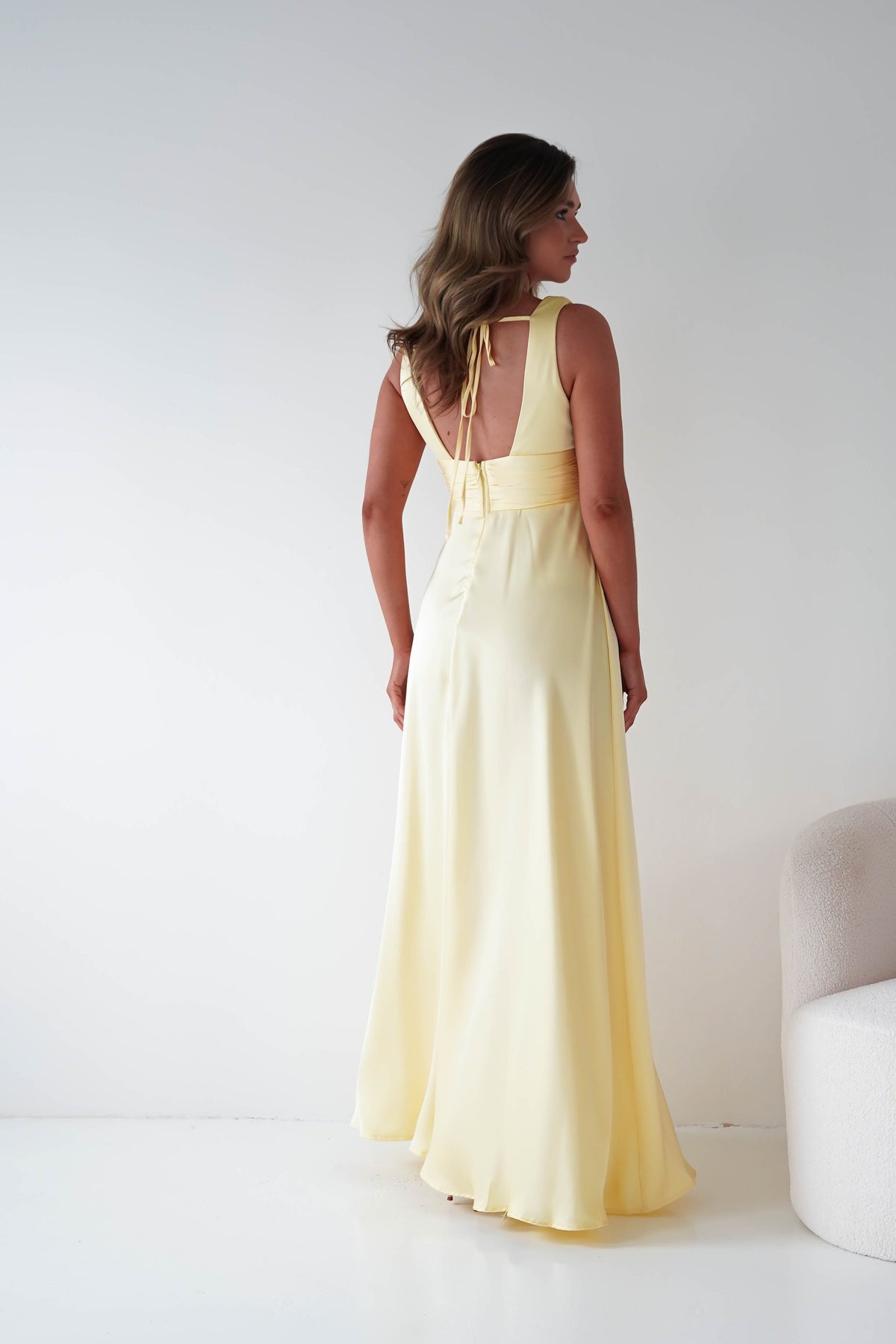 Saffron V-Neck Soft Satin Maxi Dress | Yellow-Oh Hello Clothing