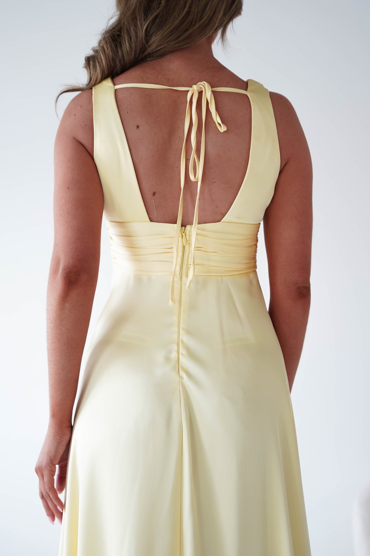 Saffron V-Neck Soft Satin Maxi Dress | Yellow-Oh Hello Clothing