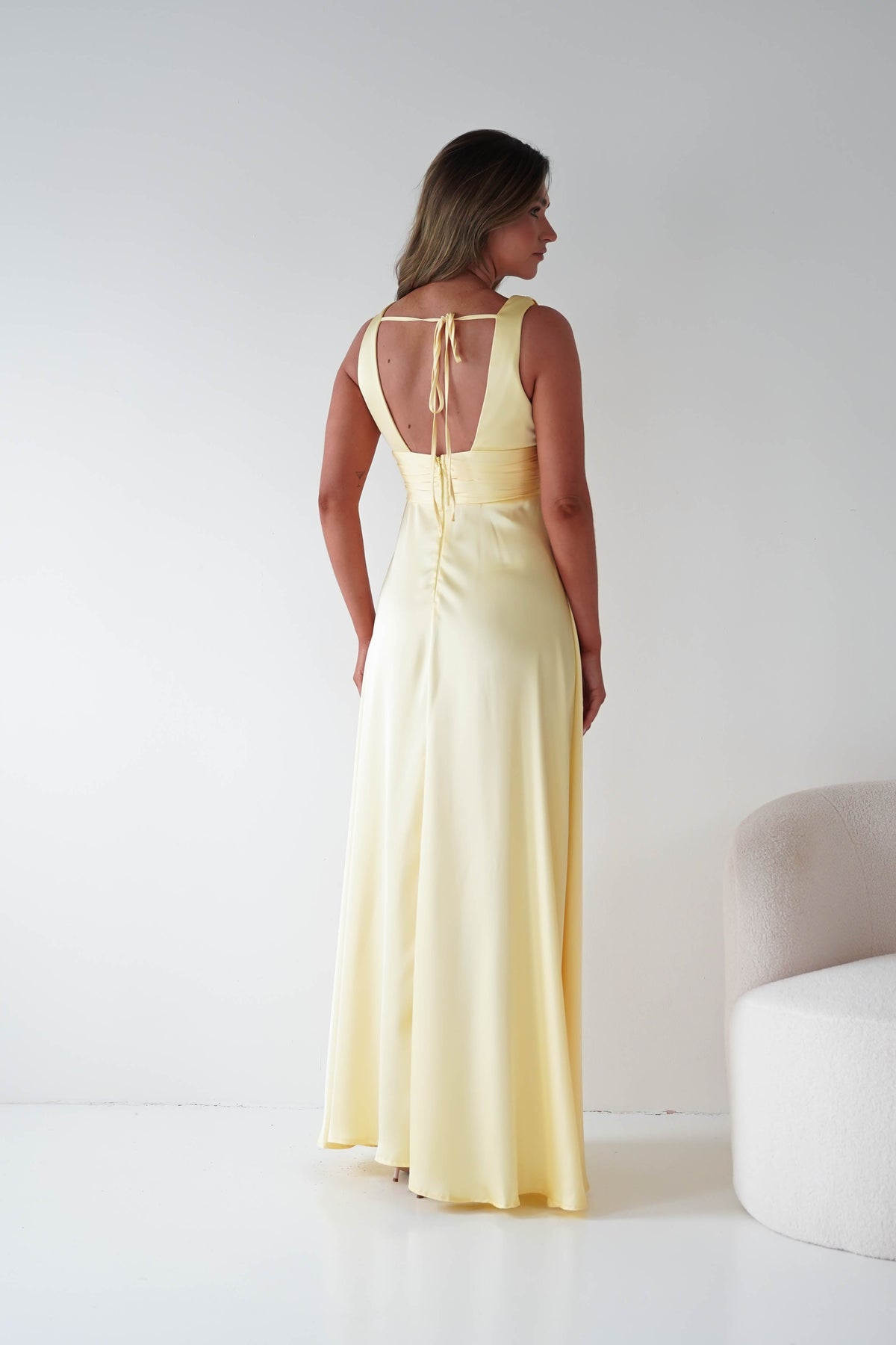 Saffron V-Neck Soft Satin Maxi Dress | Yellow-Oh Hello Clothing