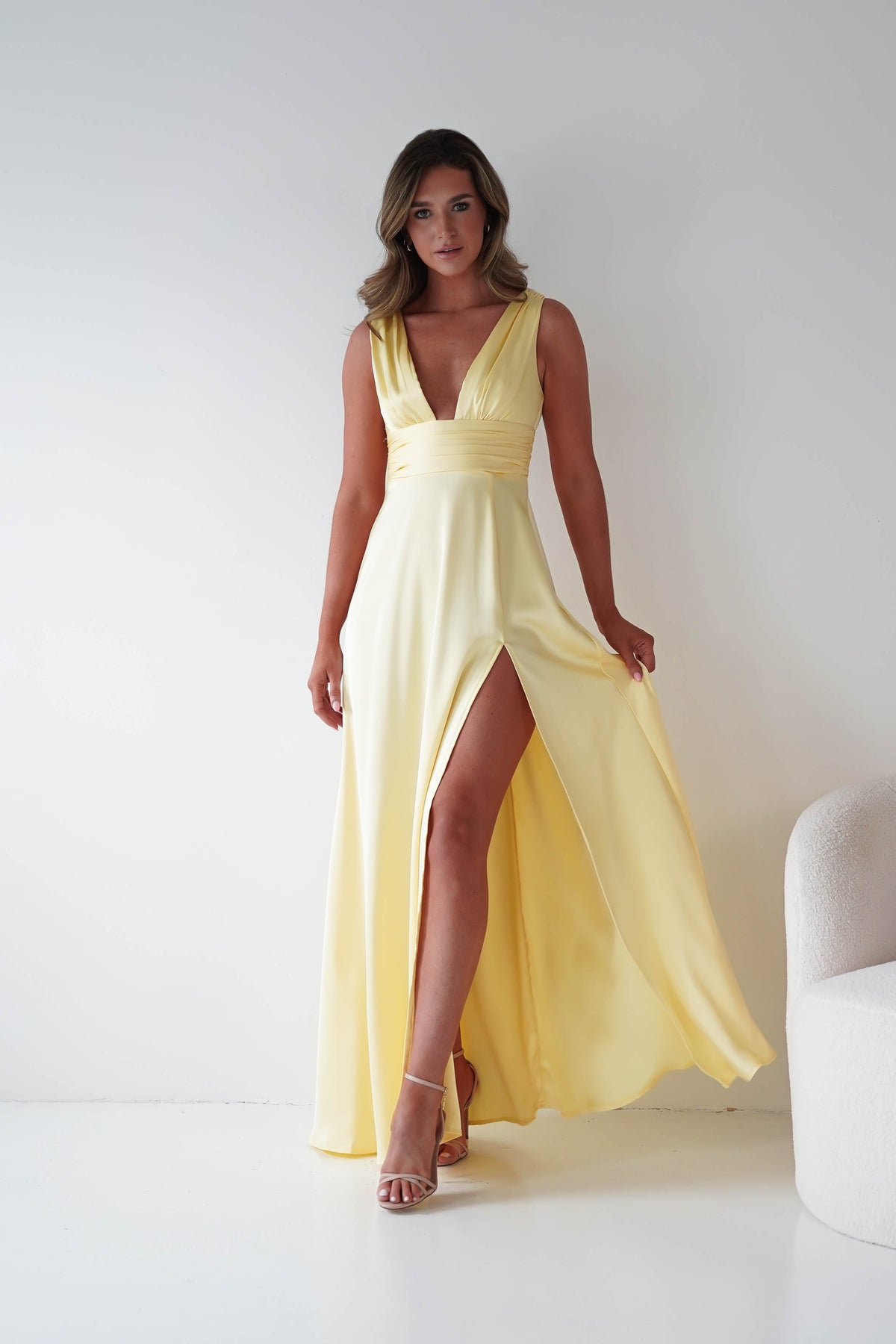 Saffron V-Neck Soft Satin Maxi Dress | Yellow-Oh Hello Clothing